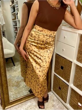 Zara Gold Satin Floral Maxi Skirt size S